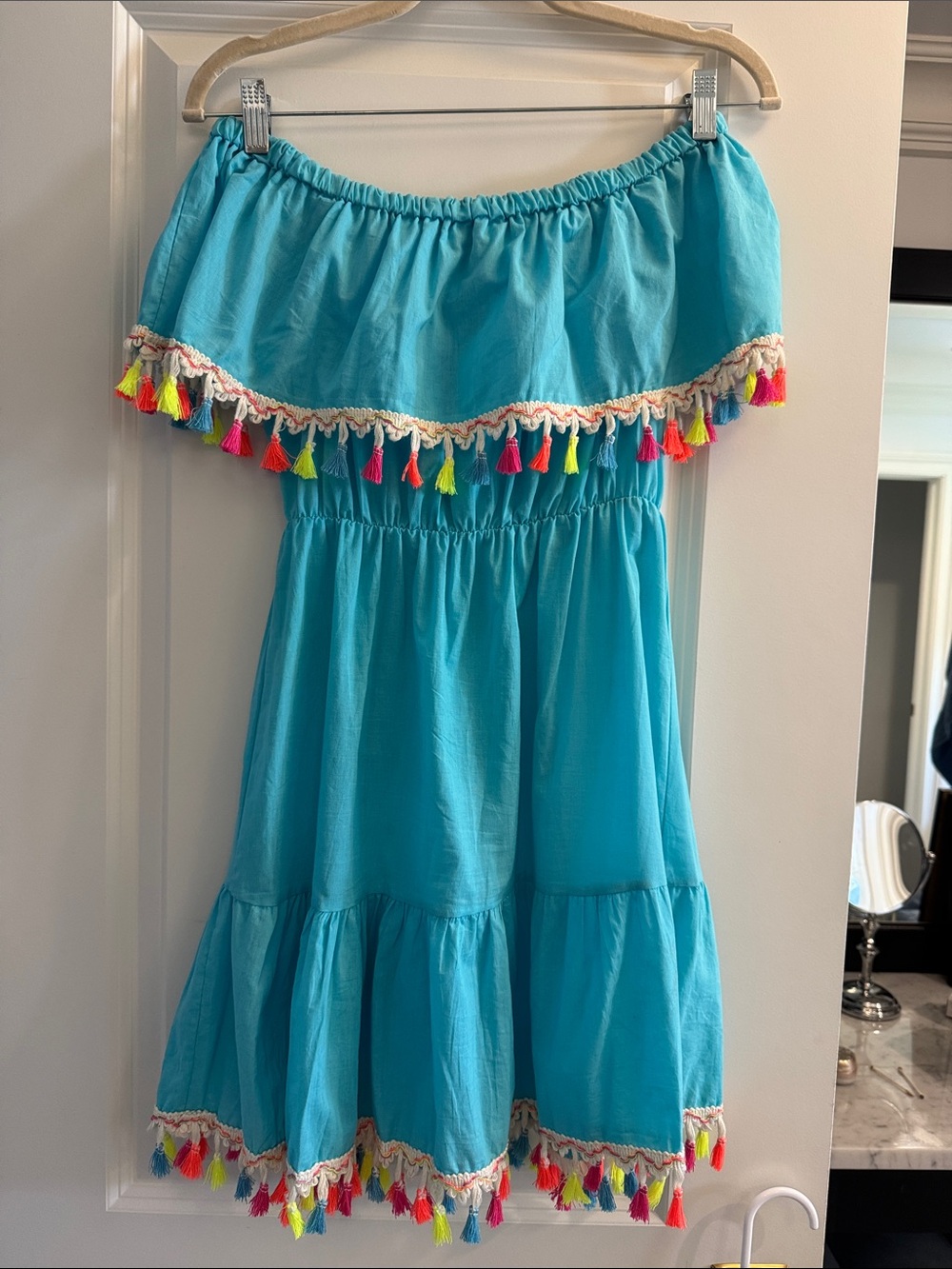 Velzera Bright Turquoise Gathered Neck Sundress with Tassel Detail